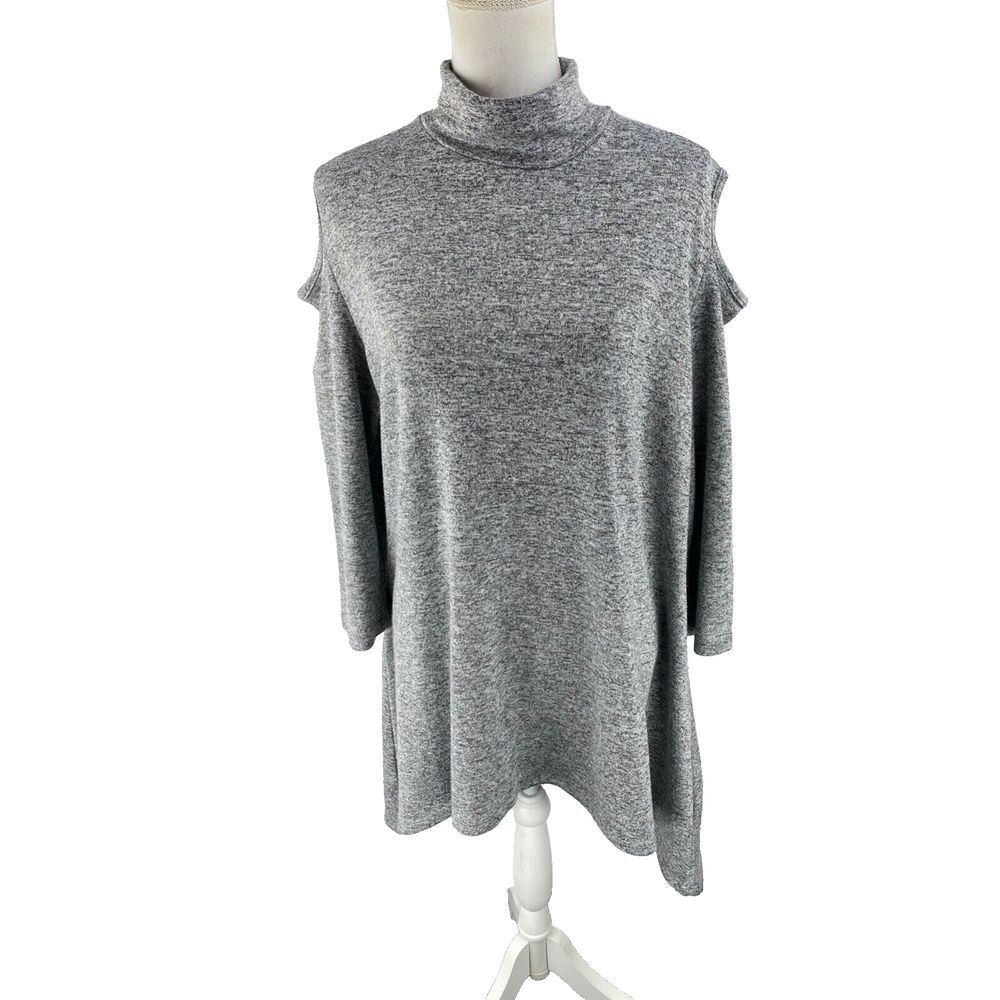 Clara Sun Woo XL Womens Cold Shoulder Turtleneck Tunic Top Sharkbite Hem Heather